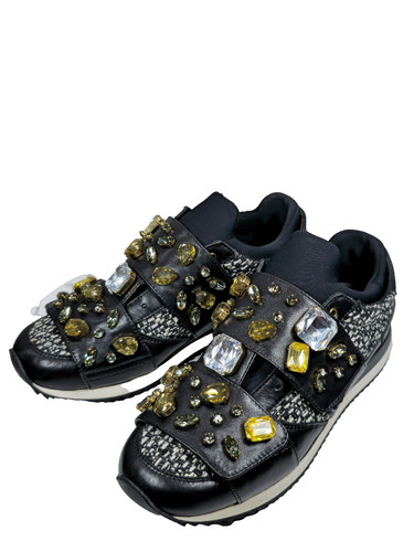 Dolce & Gabbana Fashion Sneakers 38.5 Tweed & Leather Crystal Embellished
