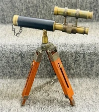 Handmade Nautical Brass Telescope With Wooden Tripod Stand 10 Inch Gift Item
