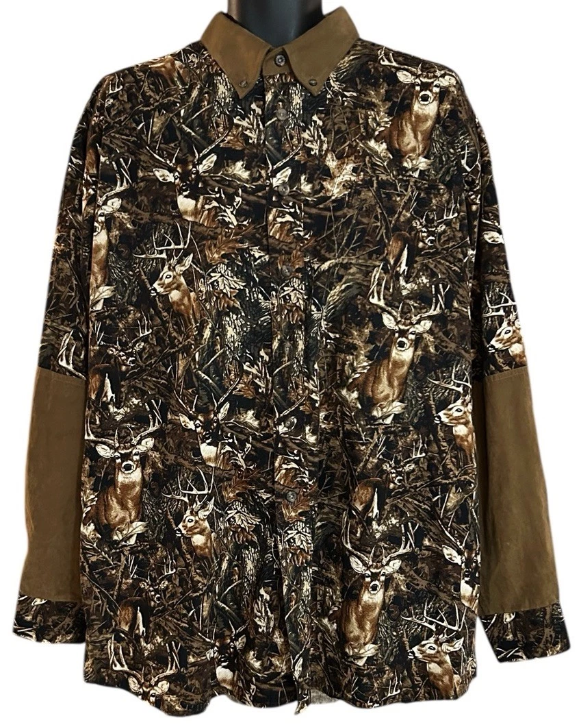 Vtg Red Head Shirt Mens Sz XL Deer Print Quiet Weave Long Sleeve Cotton Korea