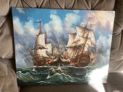 Original Seeschlacht Szene Öl auf Leinwand signiert J. Harvey 50cm x 40cm kostenloser Versand