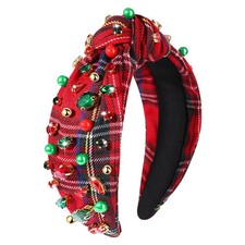 Christmas Headband Women Jeweled Plaid Crystal Pearl Wide Top Knot Red 2