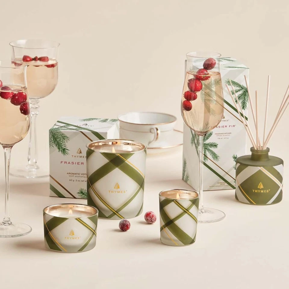 Thymes Frasier Fir Candle – Frosted Plaid Collection – Green & White Glass Jar D - Image 3 of 4