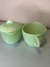 Vtg Fire King Jadeite Jane Ray Ribbed Creamer & Sugar Bowl w LID Set Made in USA