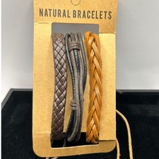 Natural Bracelets Unisex Brown Braided Faux Leather Adjustable Rustic 3pc Set