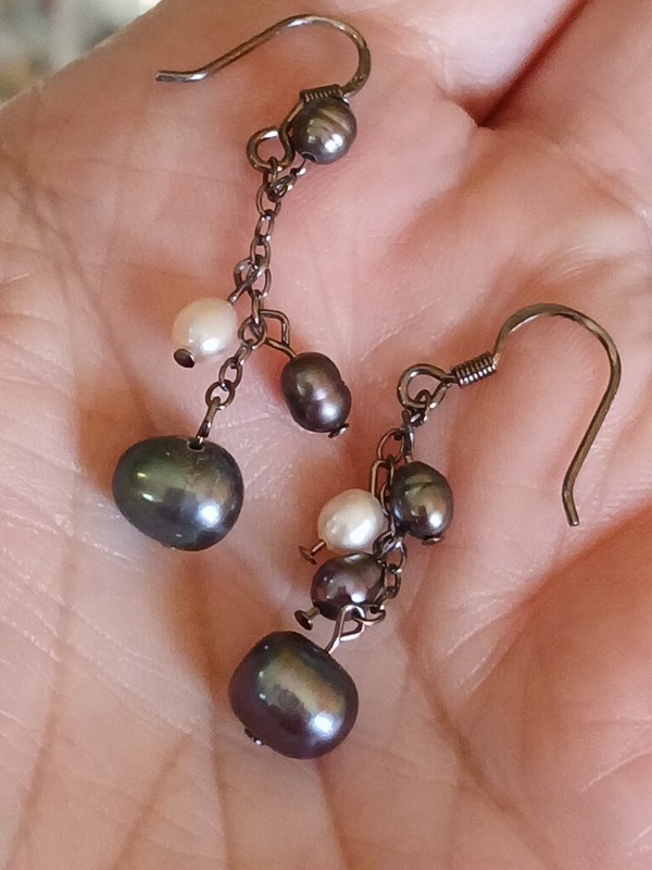 Vtg Black Tahitian Peacock Freshwater Pearls On Chains Dangle Earrings Sterling