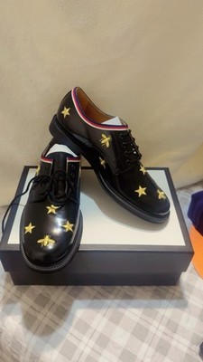 Gucci Bee Star Black Gold Leather Derby kids Dress Shoes Bee Star Accents