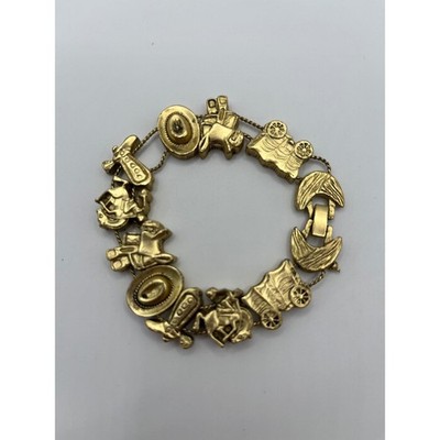 Vintage 1995 BG Western Slide Charm Bracelet Gold Tone Cowboy Boot Hat Wagon