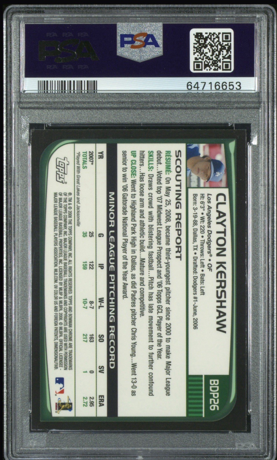 CLAYTON KERSHAW 2008 Bowman Chrome Draft #BDP26 RC ROOKIE PSA 10 Dodgers view 2