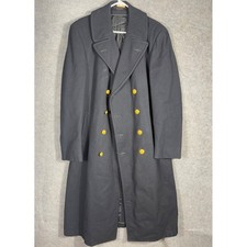 Vintage USN US Navy Wool Bridge Coat Overcoat Gold Eagle Buttons Black Mens L