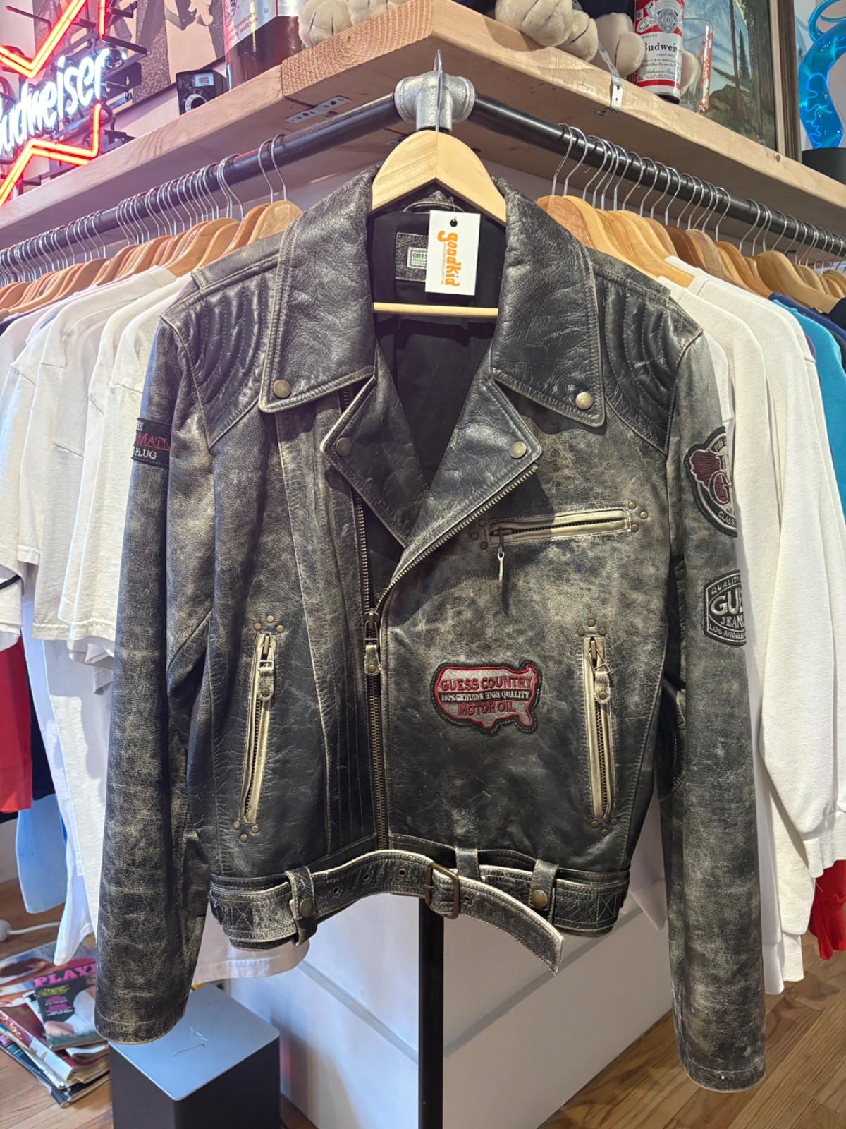 Vintage Black Guess Leather  Jacket w/ Patches Size XL