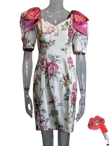 Vintage 80s Dress Women 7/8 Fun Pink Bows Floral Black Lace Zum Zum Prom Formal