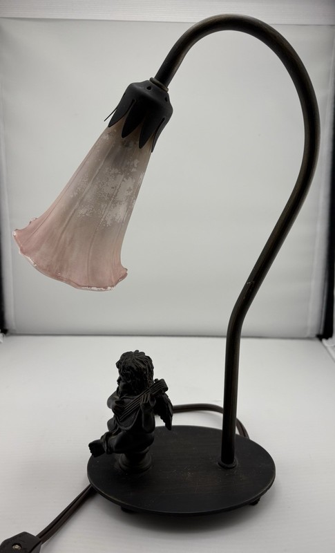 Vintage Tulip Shaped Frosted Glass Shade Table Lamp Nightlight w/ Cherub Harp
