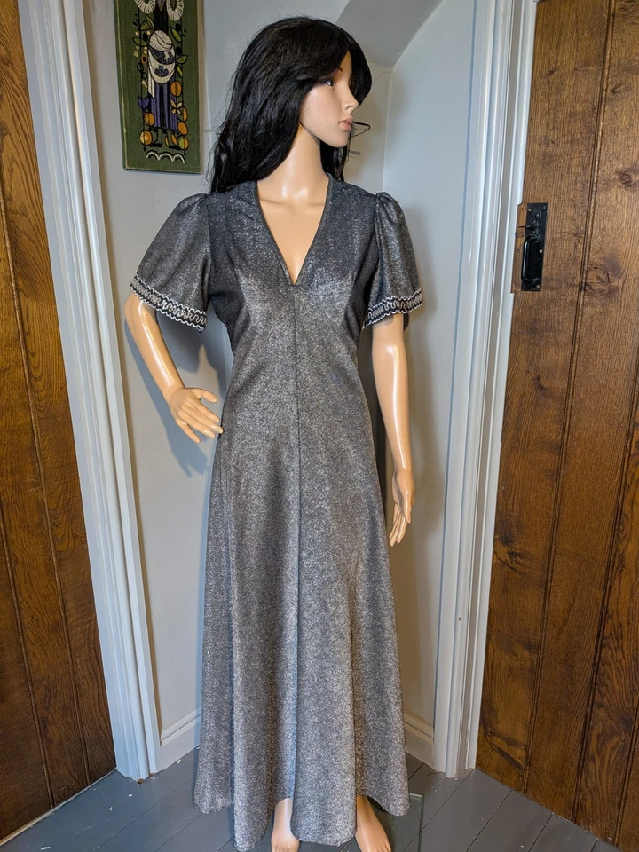Vintage 70s Silver Glitter Flutter Sleeve Sequin Maxi Dress Party 10 12 38 - Image 2 of 4