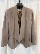 T Tahari Taupe Genuine Suede Open Waterfall Blazer Jacket Size Large FR