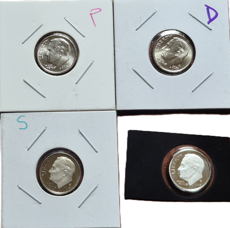 2025 US Mint Set of 4 Roosevelt Dimes; P, D, S & .999 Proof Silver 