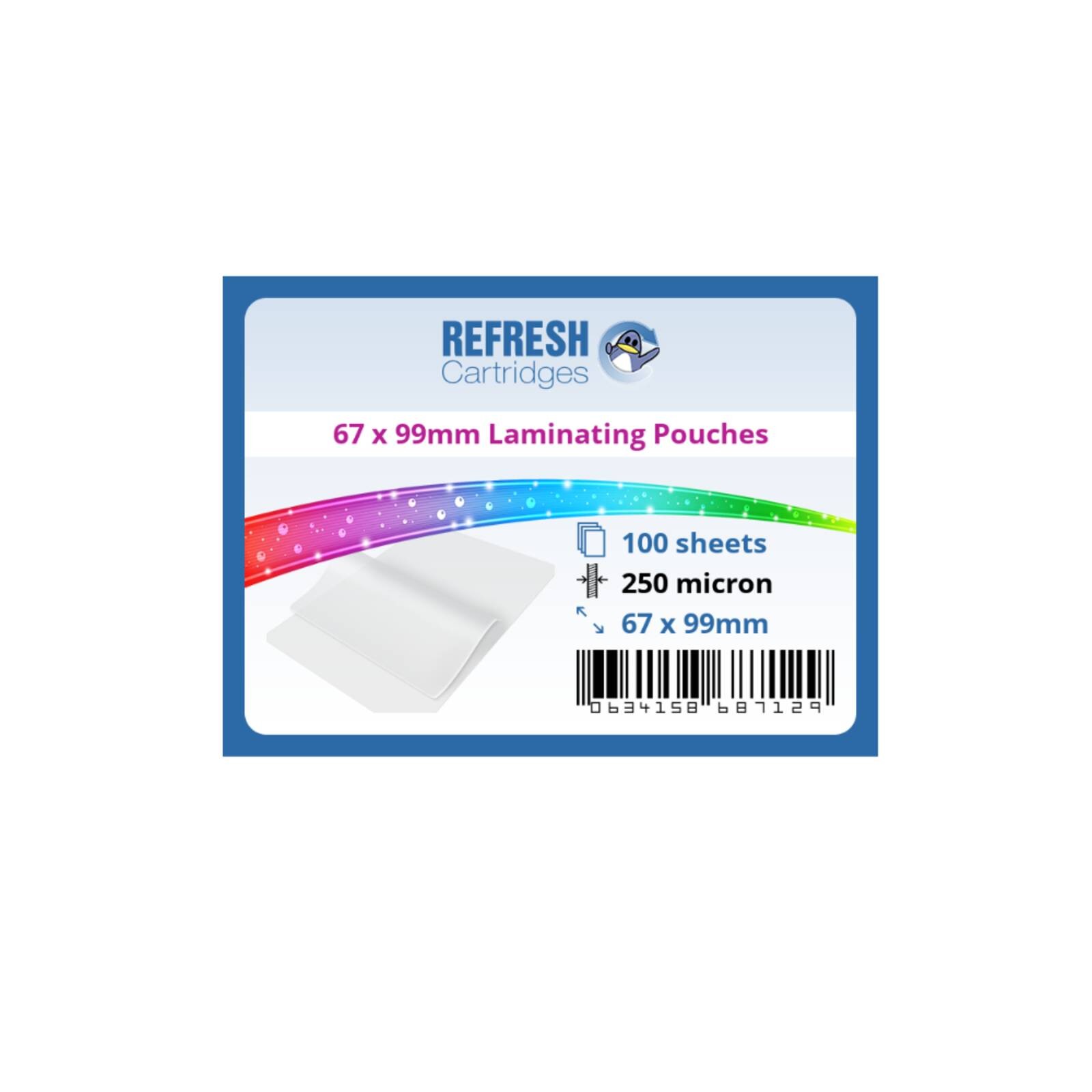 Refresh Cartridges Glossy Laminating Pouches Badge (67x99mm) 250 Micron /100Pk