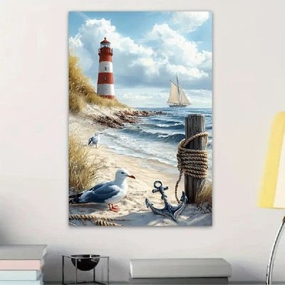 Blechschild Leuchtturm Strand Möwe Meer Vintage Metallschild TEL3076