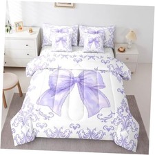 Girls Pretty Ribbon Purple Bow 7 Piece Bedding Set Size Queen Damask Purple