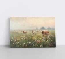 Cows Wildflower Meadow Painting Print, Framed Canvas Wall Art Rustic Farm Decor