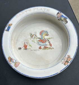 The Wellsville China Co. Ceramic Baby Plate White Blue Rim Duck "YOU TAKE ME"