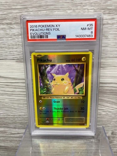 2016 POKEMON XY EVOLUTIONS #35 PIKACHU-REVERSE FOIL PSA 8