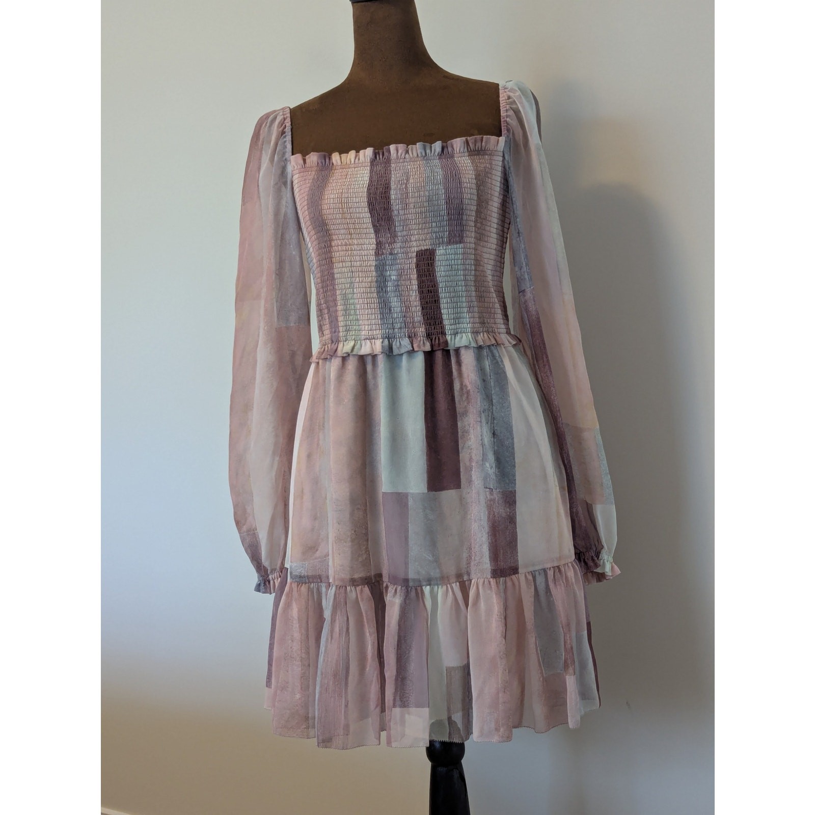 Aritzia Wilfred Tempest Chiffon Semi Sheer Smocked Mini Dress in Pastel Print M