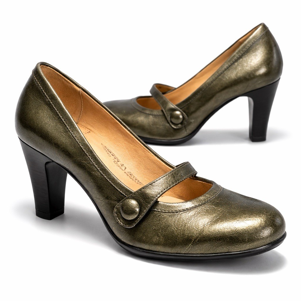 Sofft Mary Jane Pumps Women 10M Olive Green Patent Leather Heels Comfort Shoes
