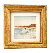 Painting Family at The Beach Original Watercolor Signed Framed Miniature Art