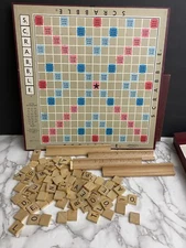 Vintage 1948 Scrabble Game SELCHOW & RIGHTER CO - 100 Wood Tiles, 4 Holders, Box