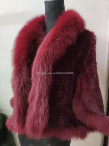 Handmade Knit Real Genuine Mink Fur Coat with Fox Fur Collar Shawls Wraps Cape - Picture 38 of 47