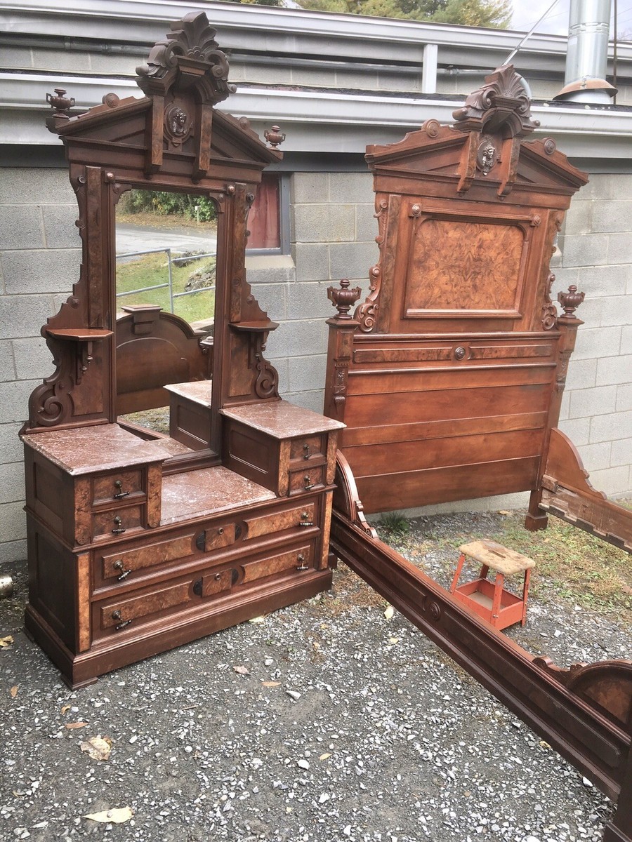 RENAISSANCE BURLED WALNUT MARBLE TOP 2 PC. BEDROOM SET | eBay