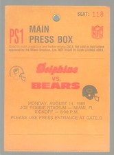 8/14/89 DOLPHINS V BEARS  PRESEASON  MAIN PRESS BOX PASS  VG  LES GROBSTEIN FIND