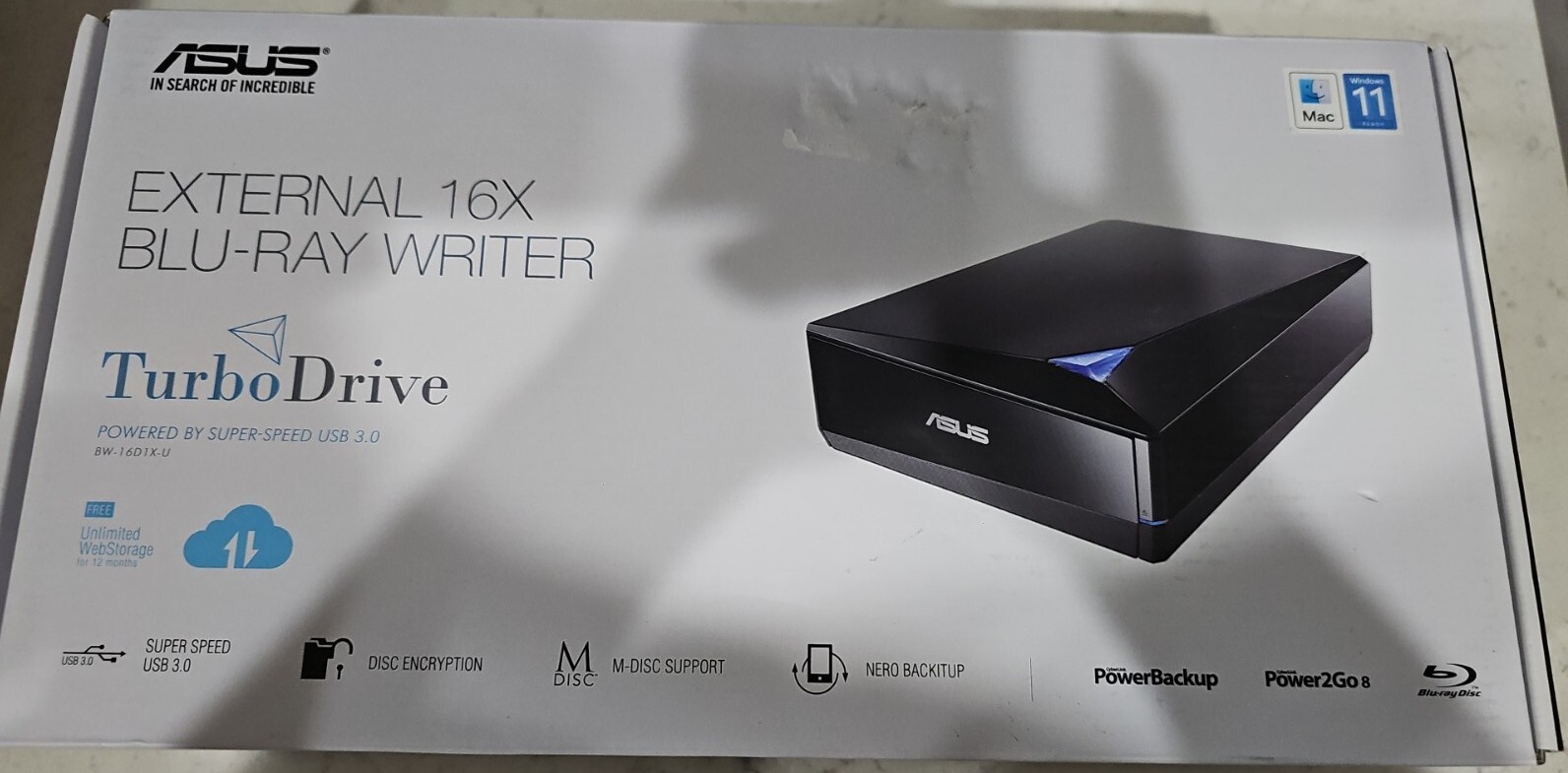 Asus BW16D1XU Turbo Drive Bluray Writer External Black BDR/RE