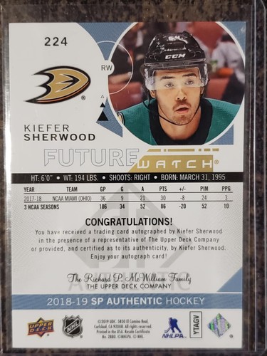 2018-19 SP Authentic KIEFER SHERWOOD Future Watch Auto! #224 890/999 Anaheim! - Picture 2 of 2
