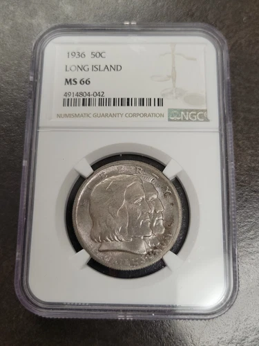 1936 LONG ISLAND SILVER COMMEMORATIVE HALF DOLLAR NGC HIGH GRADE MS66 TONED