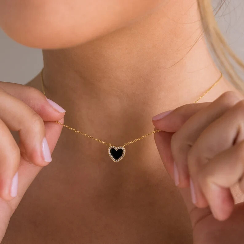 Pave Heart Onyx Necklace by Caitlyn Minimalist • Black Gemstone
