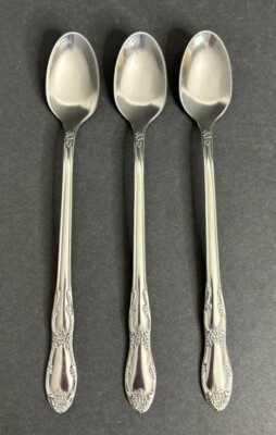 3 Oneida Fenway Iced Tea Spoons Stainless Flatware Floral 7 1/2''