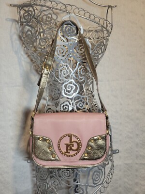 RoccoBarocco Small Shoulder Bag Vegan Leather Pink Gold Trim Flap Gold Hardware