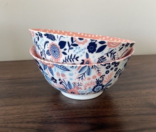 NWT HOME ESSENTIALS Florals Dots 6” Ceramic Boho Shabby Chic Cereal Bowls Set 2