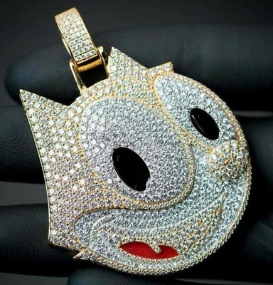 Men's Enamel Cat Face Pendant 3.24ct Cubic Zirconia Birth Stone Free Stud Silver