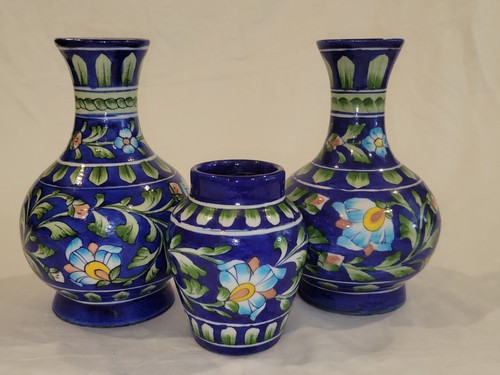 Set of 3 JAIPUR BLUE Art POTTERY FLOWER VASES Himalaya HANDCRAFTED - Picture 5 of 5