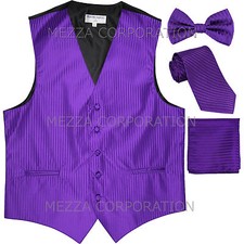 New Men's Tuxedo Vest Vertical Stripes Necktie, Bowtie  Hankie set party Purple