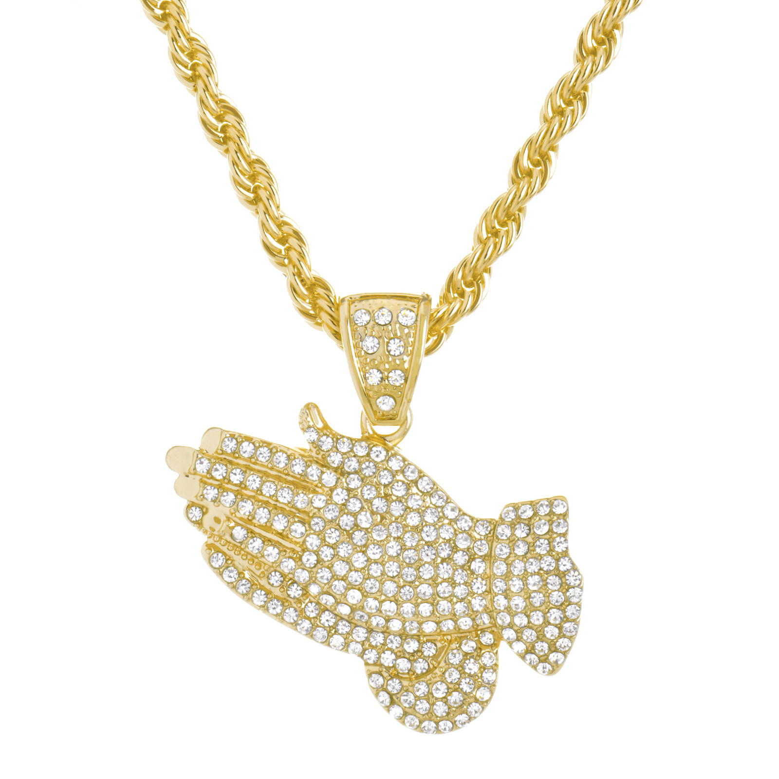 Mens Gold Silver Plated Iced CZ Praying Hands Pendant 30 inch Rope ...