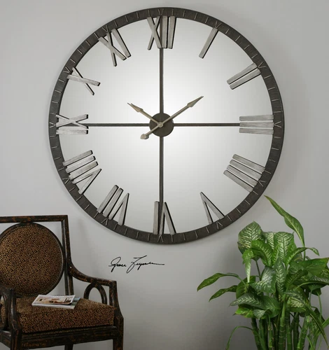 AMELIE MIRRORED XXL 60" AGED METAL ROUND WALL ROMAN CLOCK 06419 - Picture 2 of 4
