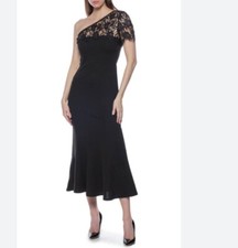 Marina Women's Black One Shoulder Lace Midi Dress Formal Flounce Hem Size 10