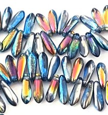 50 Czech Glass Dagger Beads Coated - Marea Blue Gold 10x3mm