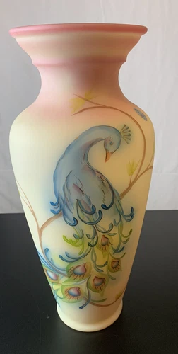 Vintage Signed Fenton Art Glass Burmese Peacock Glowing Vase Numbered Large HTF