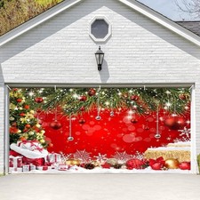 Christmas Garage Door Cover Decorations Backdrop 16x7ft, Red Green