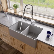 Pemberly Row Gray Matte Smooth Apron 33" x 18" Double Bowl Fireclay Farm Sink