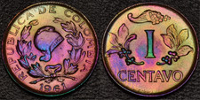 1961 Colombia 1 Centavo BREATHTAKING RAINBOW TONING (51-6)